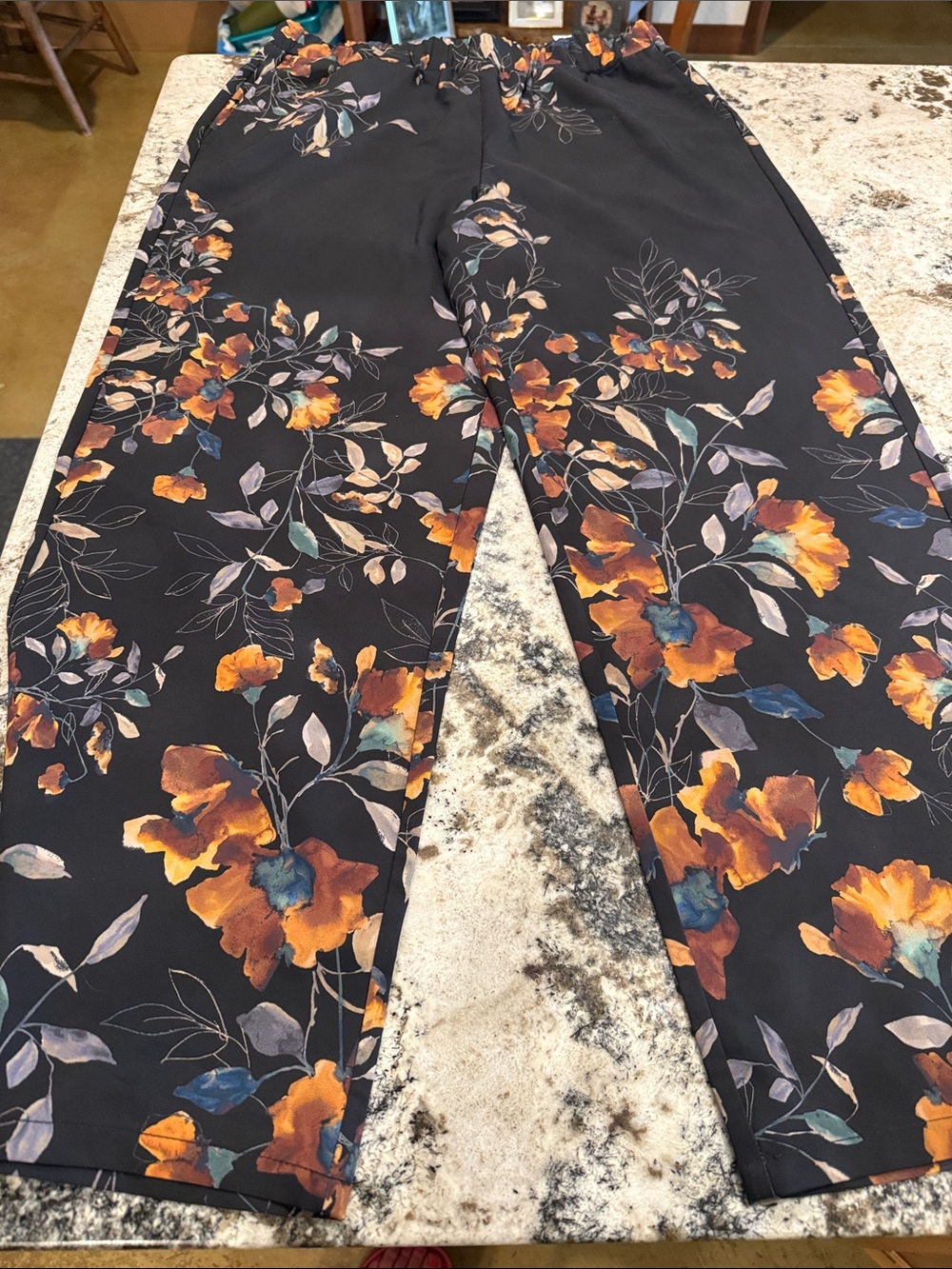 Susan Graver Black Wide-Leg Floral Pants with Orange Accents